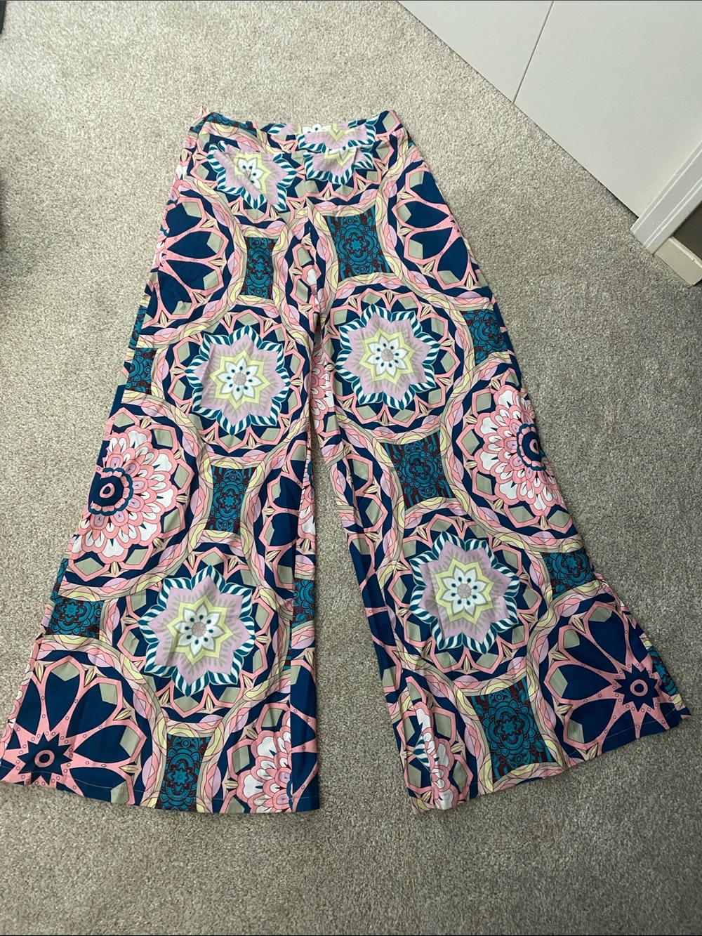 SHEIN Navy & Pink Wide-Leg Printed Palazzo Pants